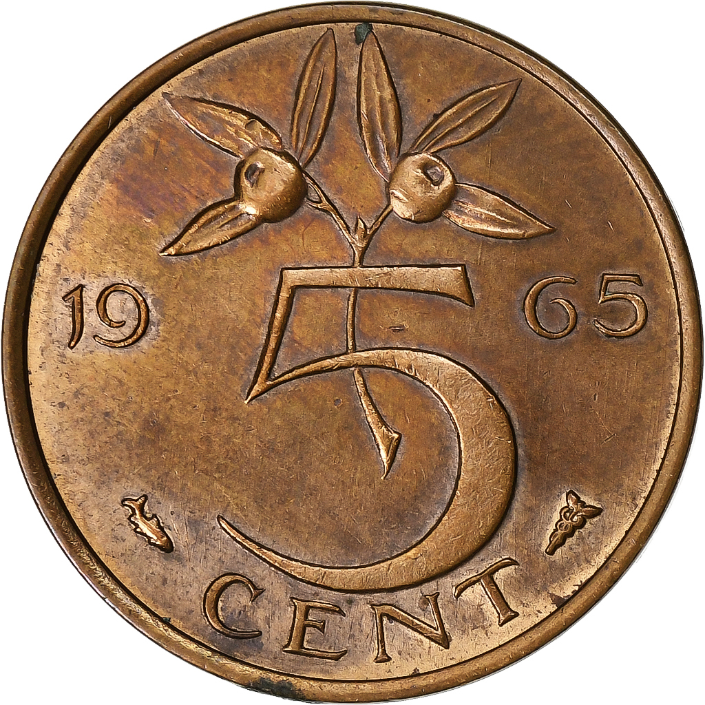 Netherlands, Juliana, 5 Cents, 1965, Bronze, , KM:181