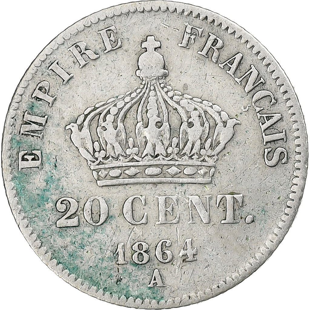 France, Napoleon III, 20 Centimes, Napoléon III, 1864, Paris, Silver