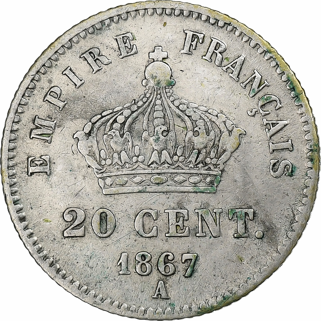 France, Napoleon III, 20 Centimes, Napoléon III, 1867, Paris, Silver