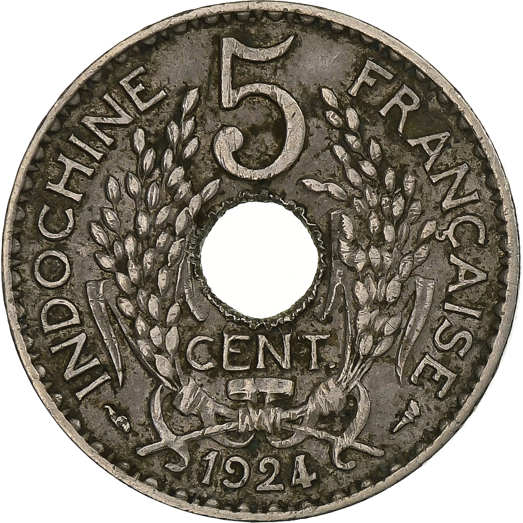 FRENCH INDO-CHINA, 5 Cents, 1924, Paris, Copper-nickel, , KM:18