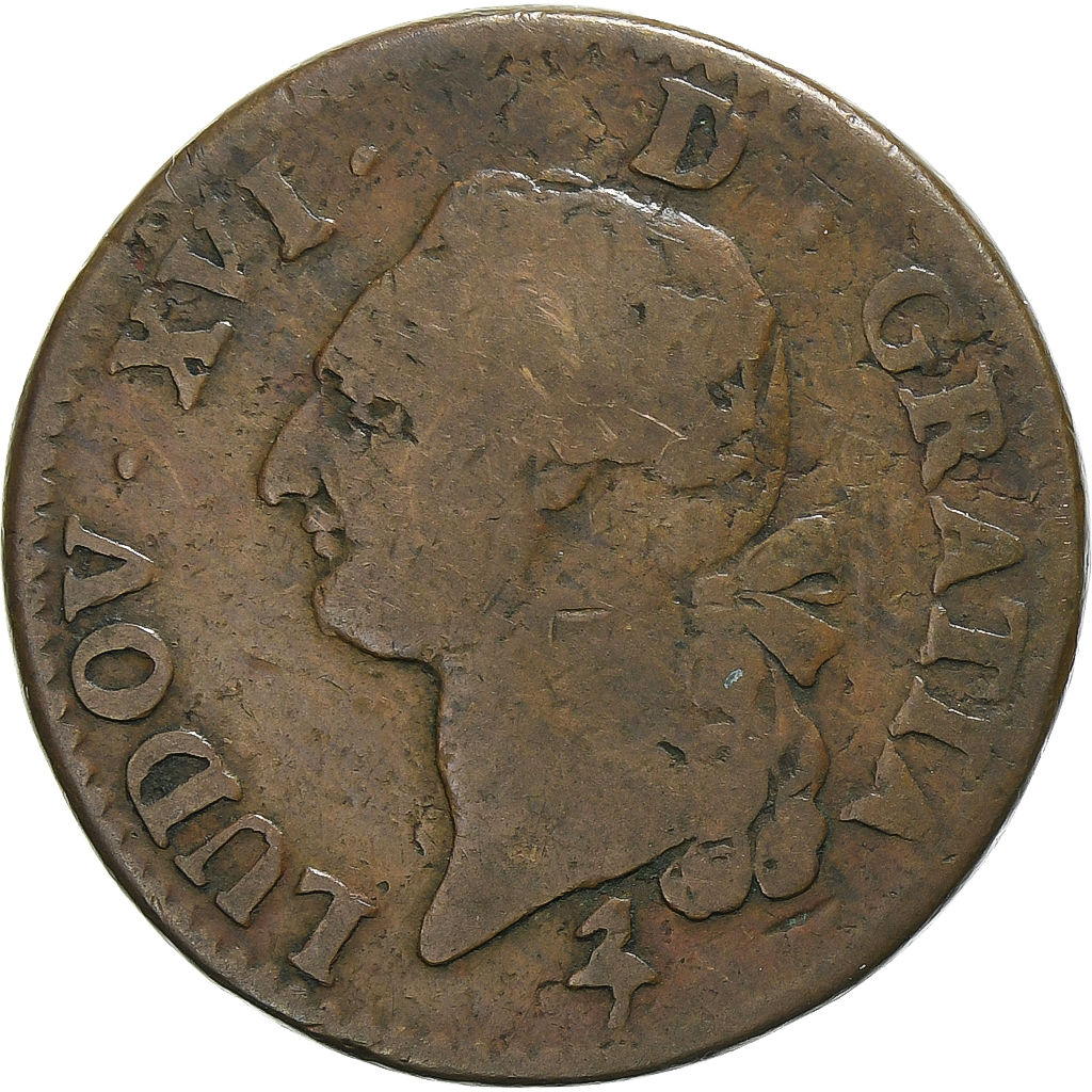 France, Louis XVI, Sol, 1791, Paris, Copper, VF, Gadoury:350, KM:578.1