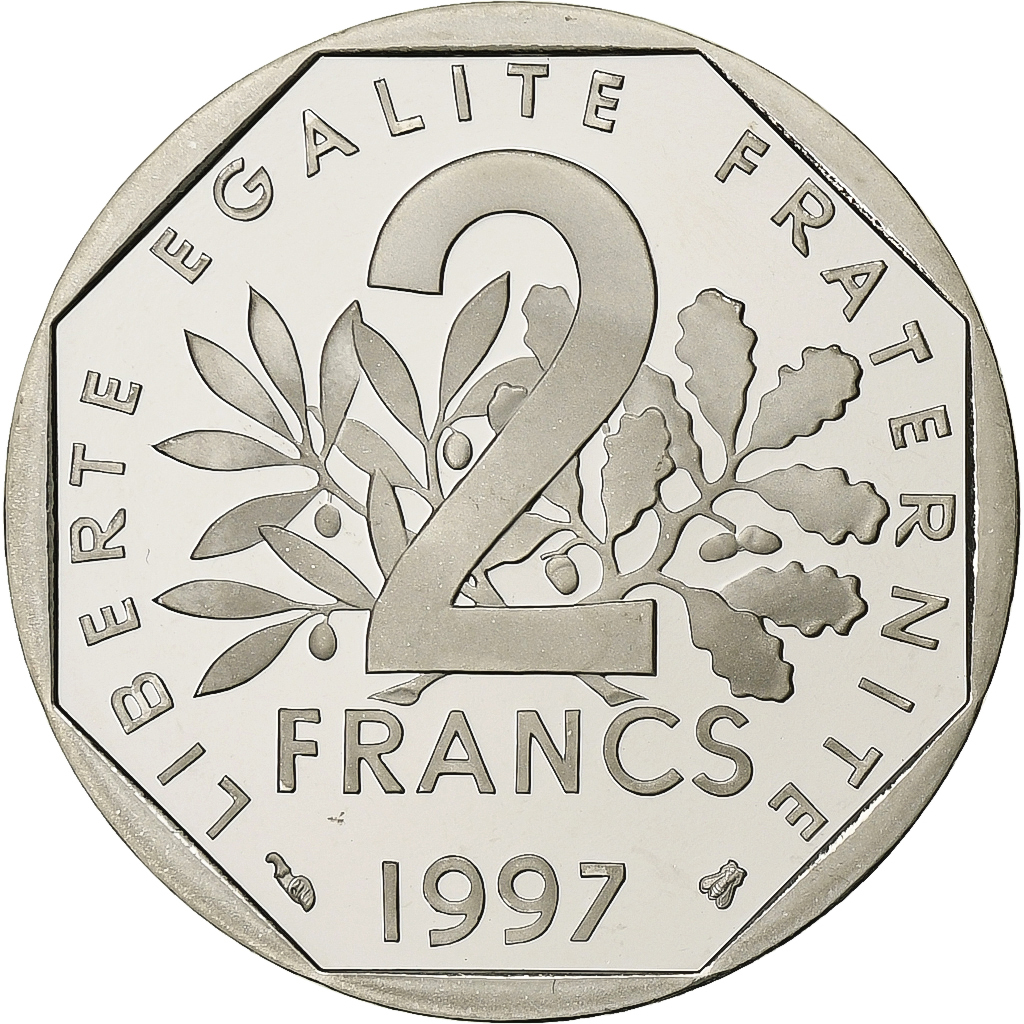 France, 2 Francs, Semeuse, 1997, Paris, Proof / BE, Nickel, 