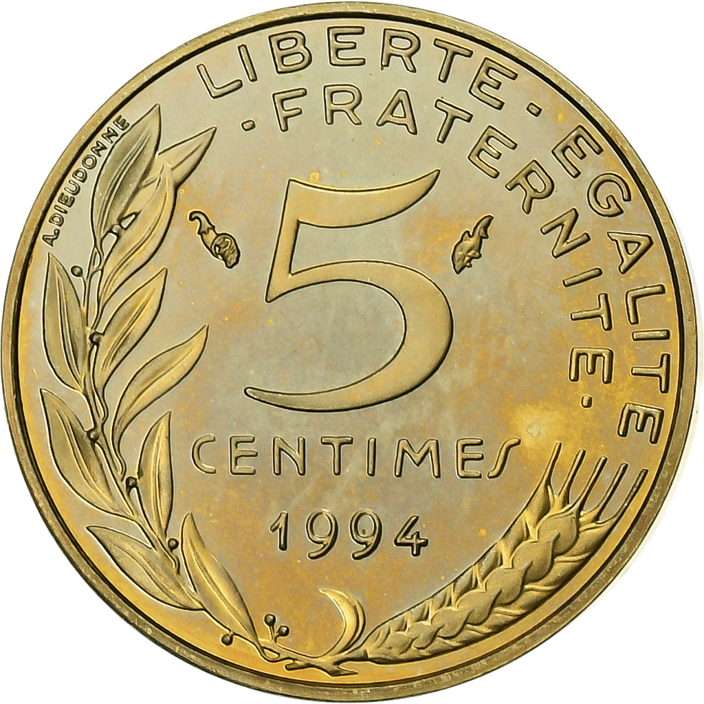 France, 5 Centimes, Marianne, 1994, Paris, BE, Aluminum-Bronze, 