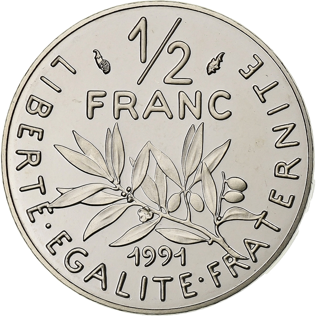 France, 1/2 Franc, Semeuse, 1991, Proof, Nickel, MS(65-70), Gadoury:429a