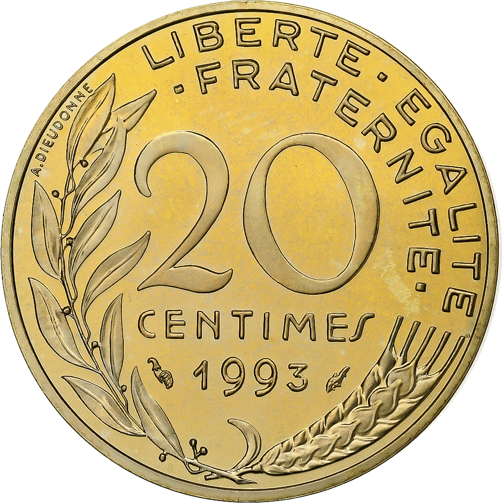 France, 20 Centimes, Marianne, 1993, Paris, Proof, Aluminum-Bronze, 