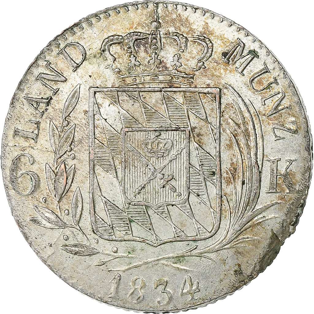 German States, BAVARIA, Ludwig I, 6 Kreuzer, '1834, Munich, Silver, 