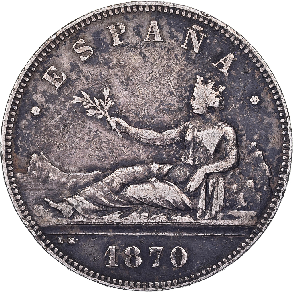 Spain, Provisional Government, 5 Pesetas, 1870, Madrid, Silver, 