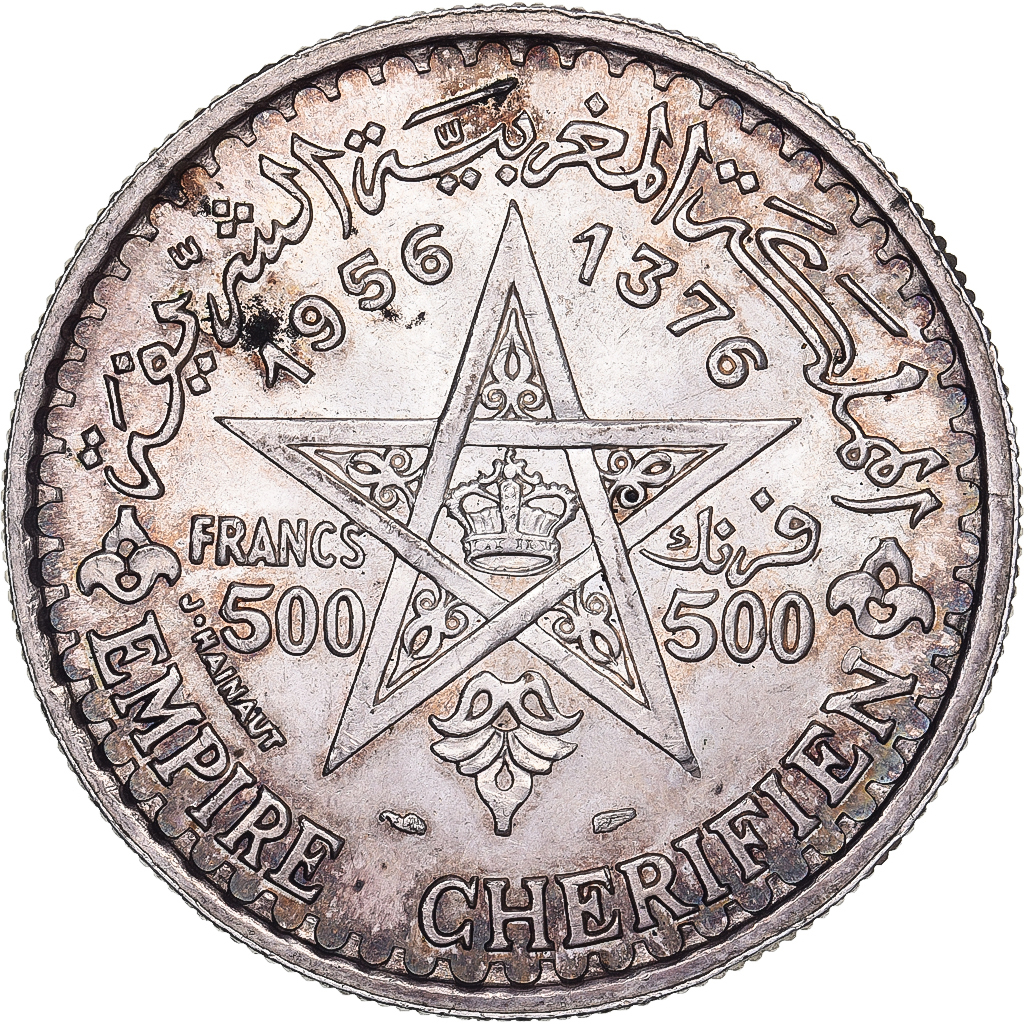 Morocco, Mohammed V, 500 Francs, 1956, Paris, Silver, , KM:54