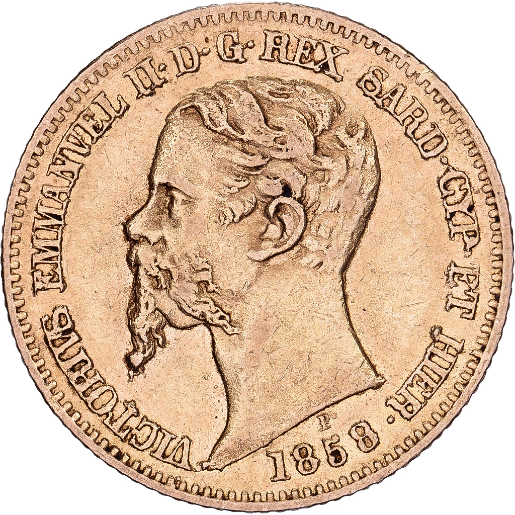 Italian States, SARDINIA, Vittorio Emanuele II, 20 Lire, 1858, Genoa, Gold
