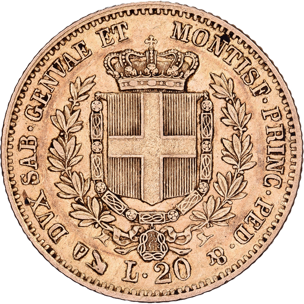 Italian States, SARDINIA, Vittorio Emanuele II, 20 Lire, 1858, Genoa, Gold