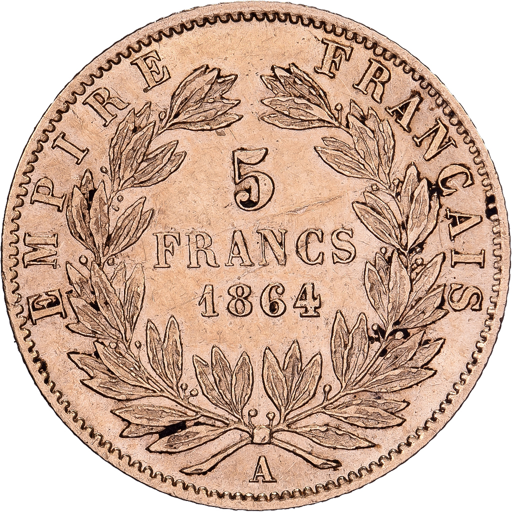 France, Napoleon III, 5 Francs, Napoléon III, 1864, Paris, Gold, 