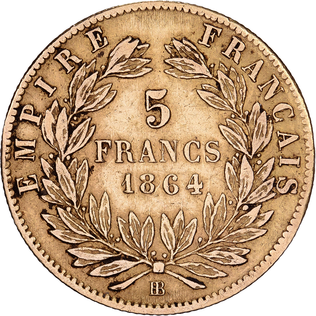 France, Napoleon III, 5 Francs, Napoléon III, 1864, Strasbourg, Bent flan