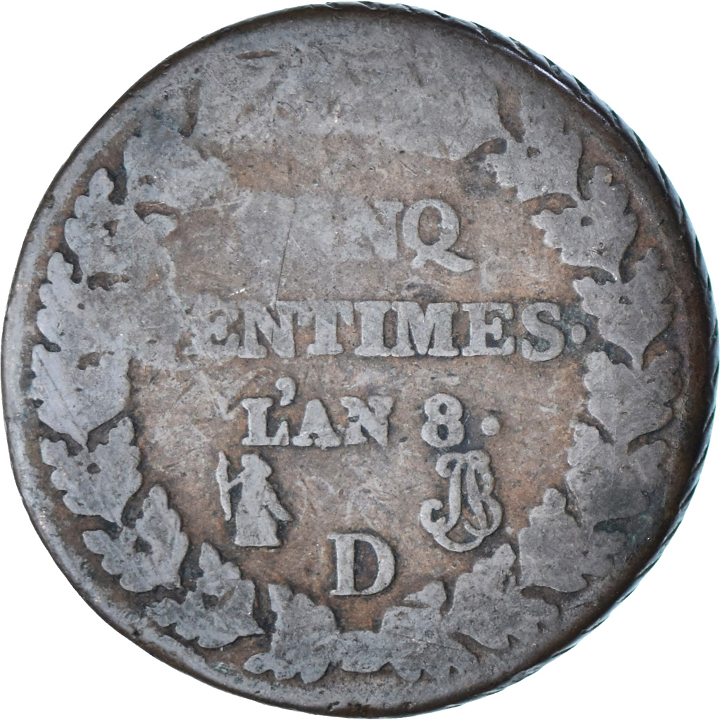 France, 5 Centimes, Dupré, AN 8, Lyon, Copper, , Gadoury:126a