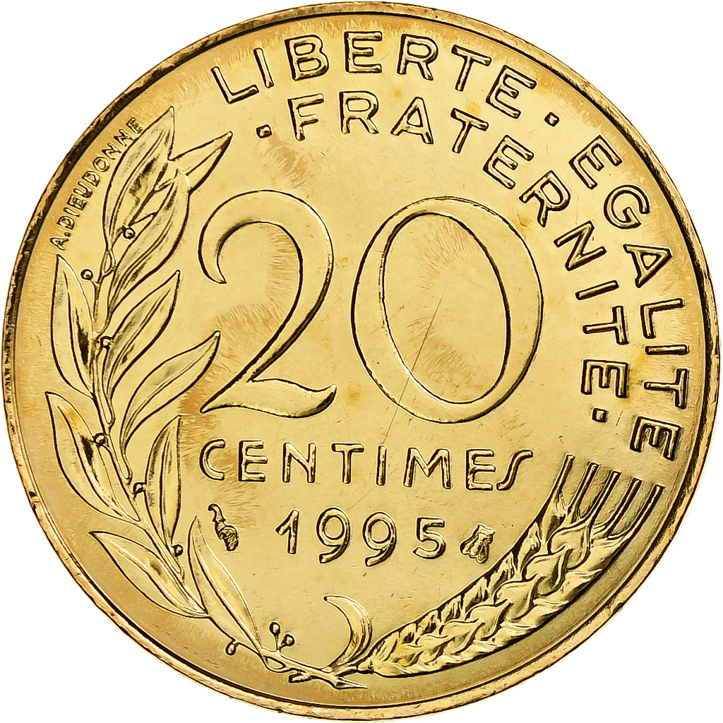 France, 20 Centimes, Marianne, 1995, MDP, Série BU, Aluminum-Bronze, 