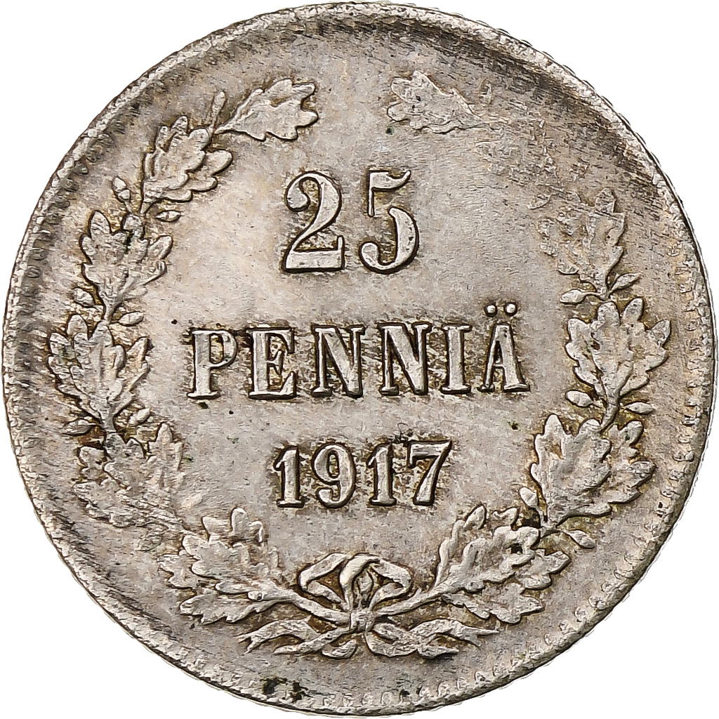 Finland, Nicholas II, 25 Penniä, 1917, Helsinki, Civil War, Silver, AU
