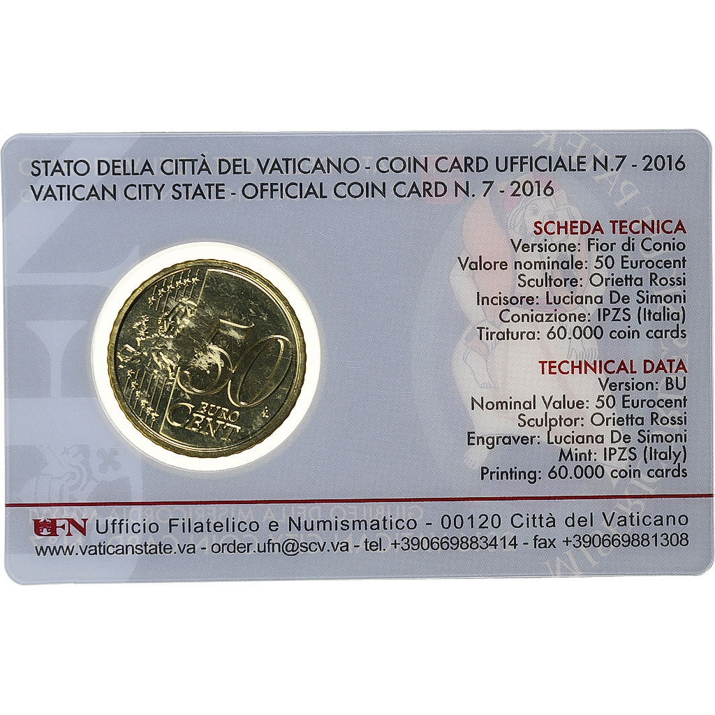 Vatikan, 50 Euro Cent, Pape François, Coin card.FDC, 2016, Rome, Nordic gold