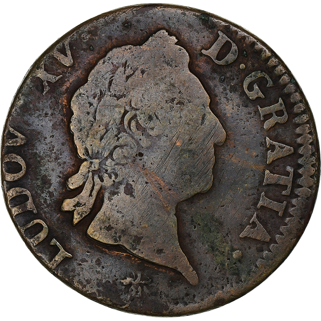 France, Louis XV, Sol à la vieille tête, 1774, La Rochelle, Copper, VF(20-25)