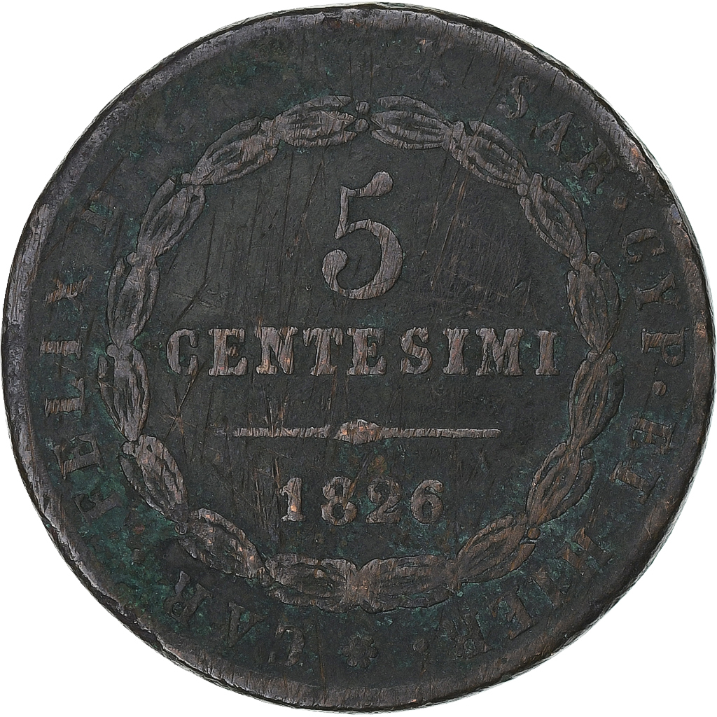 Italy, Carlo Felice, 5 Centesimi, 1826, Torino, Copper, 
