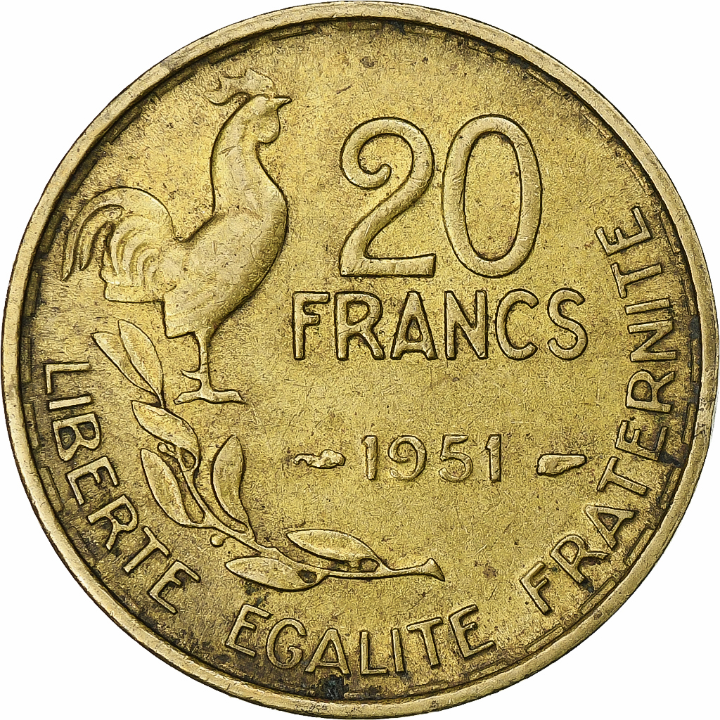 France, 20 Francs, Guiraud, 1951, Paris, Cupro-Aluminium, 