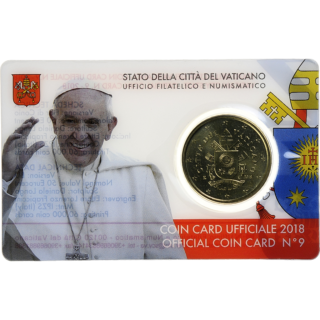Vatican, 50 Euro Cent, Pape François, Coin card.FDC, 2018, Rome, Or nordique