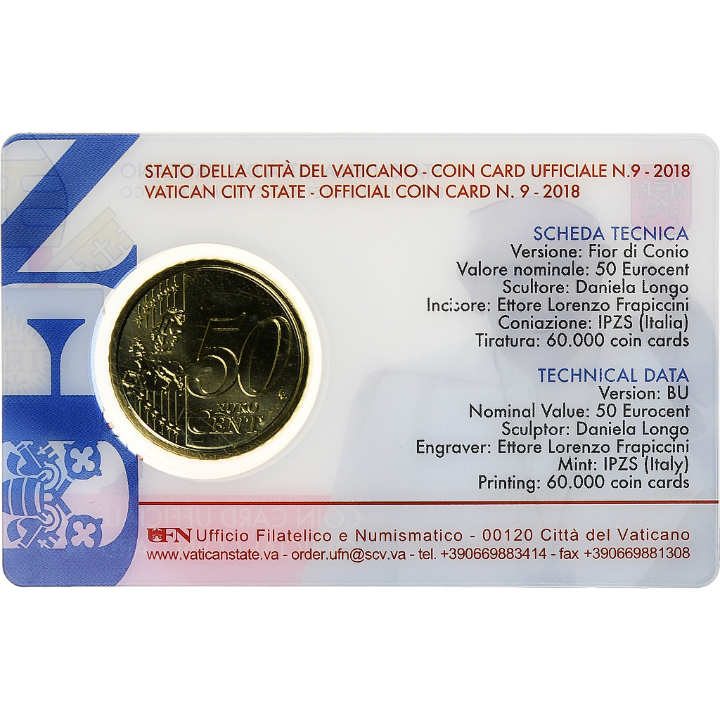 Vatican, 50 Euro Cent, Pape François, Coin card.FDC, 2018, Rome, Or nordique