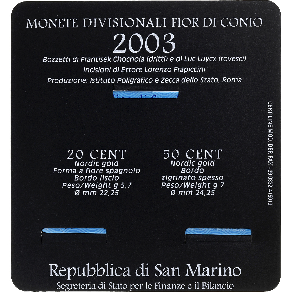San Marino, 20c. + 50c., Coin card.FDC, 2003, Rome, Nordic gold, MS