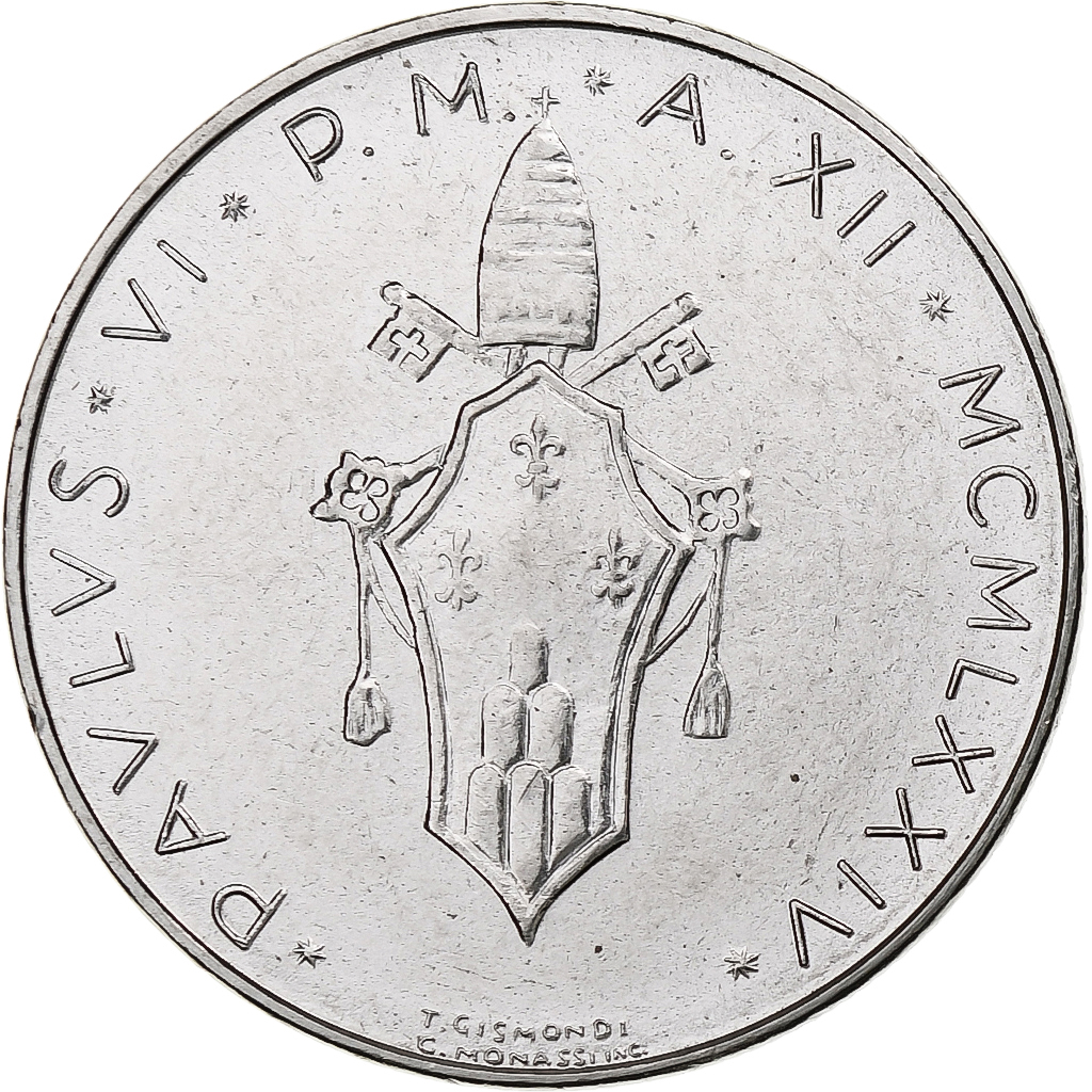 Vatican, Paul VI, 50 Lire, 1974 / Anno XII, Rome, Stainless Steel, 