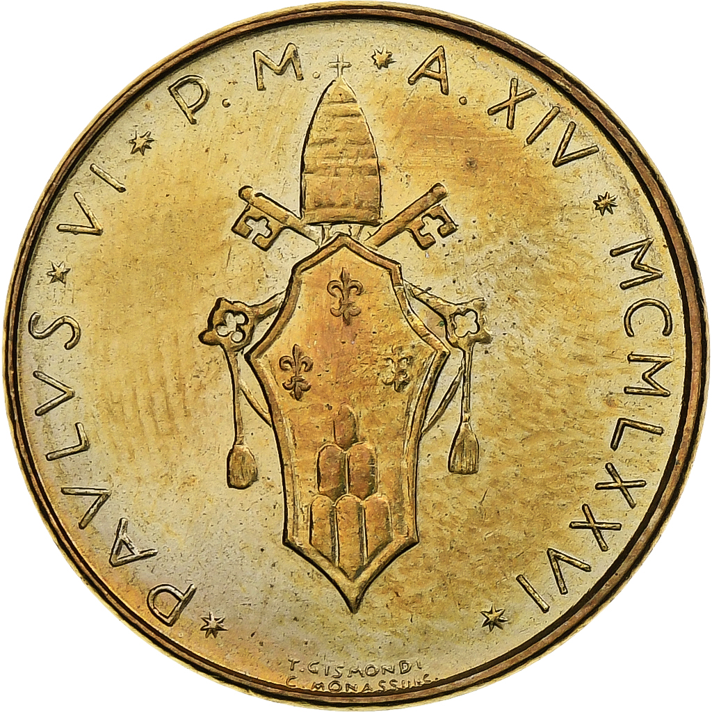 Vatican, Paul VI, 20 Lire, 1976 (Anno XIV), Rome, Aluminum-Bronze, 