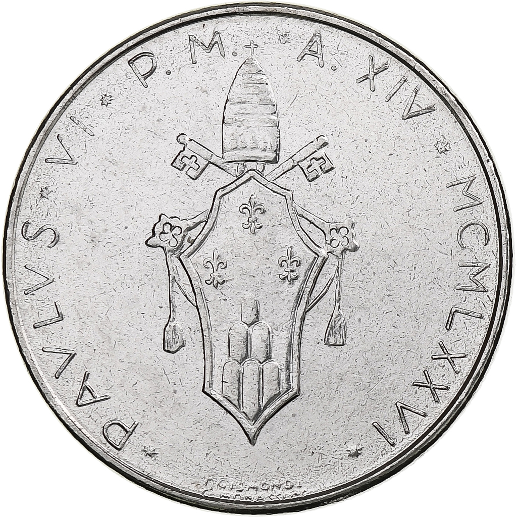 Vatican, Paul VI, 50 Lire, 1976 (Anno XIV), Rome, Stainless Steel, 