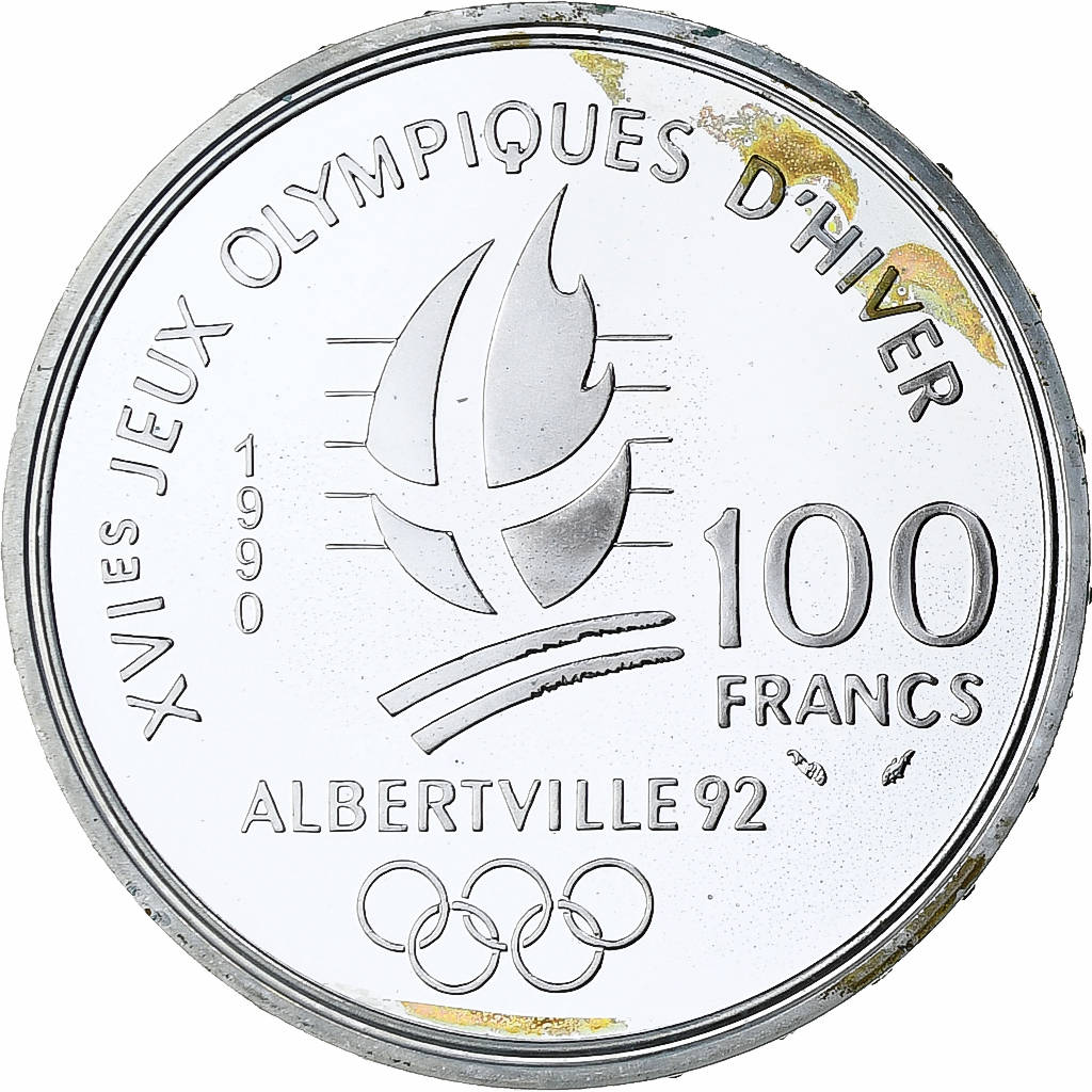 France, 100 Francs, 1992 Olympics, Albertville, Bobsledding, 1990, MDP, Silver