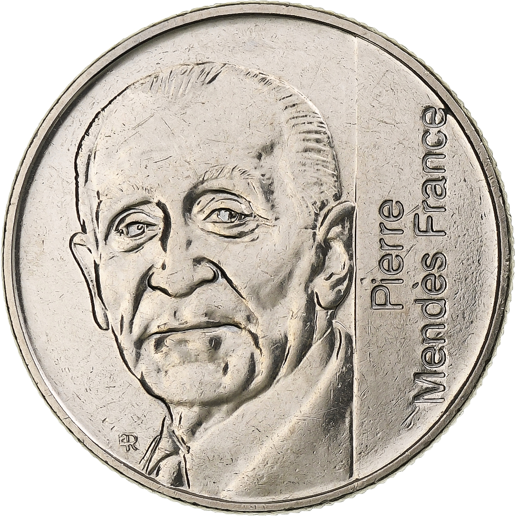 France, 5 Francs, Mendès France, 1992, Paris, Nickel Clad Copper-Nickel