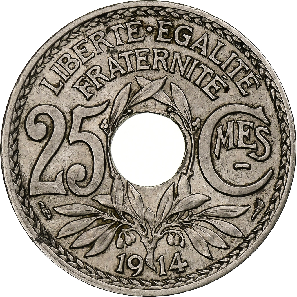 France, 25 Centimes, Lindauer, 1914, Paris, Souligné, Nickel, 