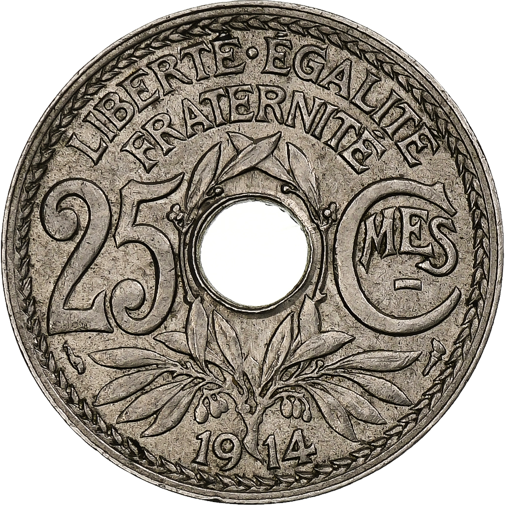 France, 25 Centimes, Lindauer, 1914, Paris, Souligné, Nickel, 