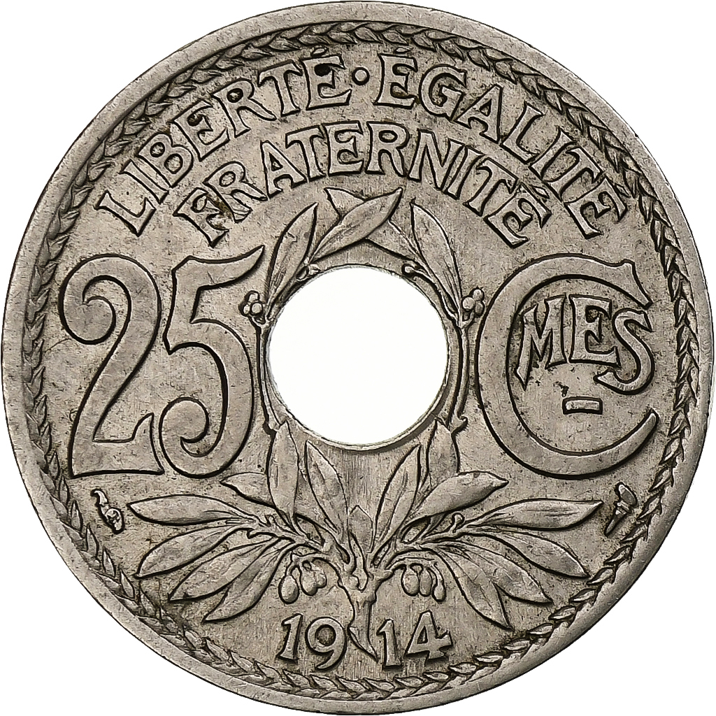 France, 25 Centimes, Lindauer, 1914, Paris, Souligné, Nickel, 