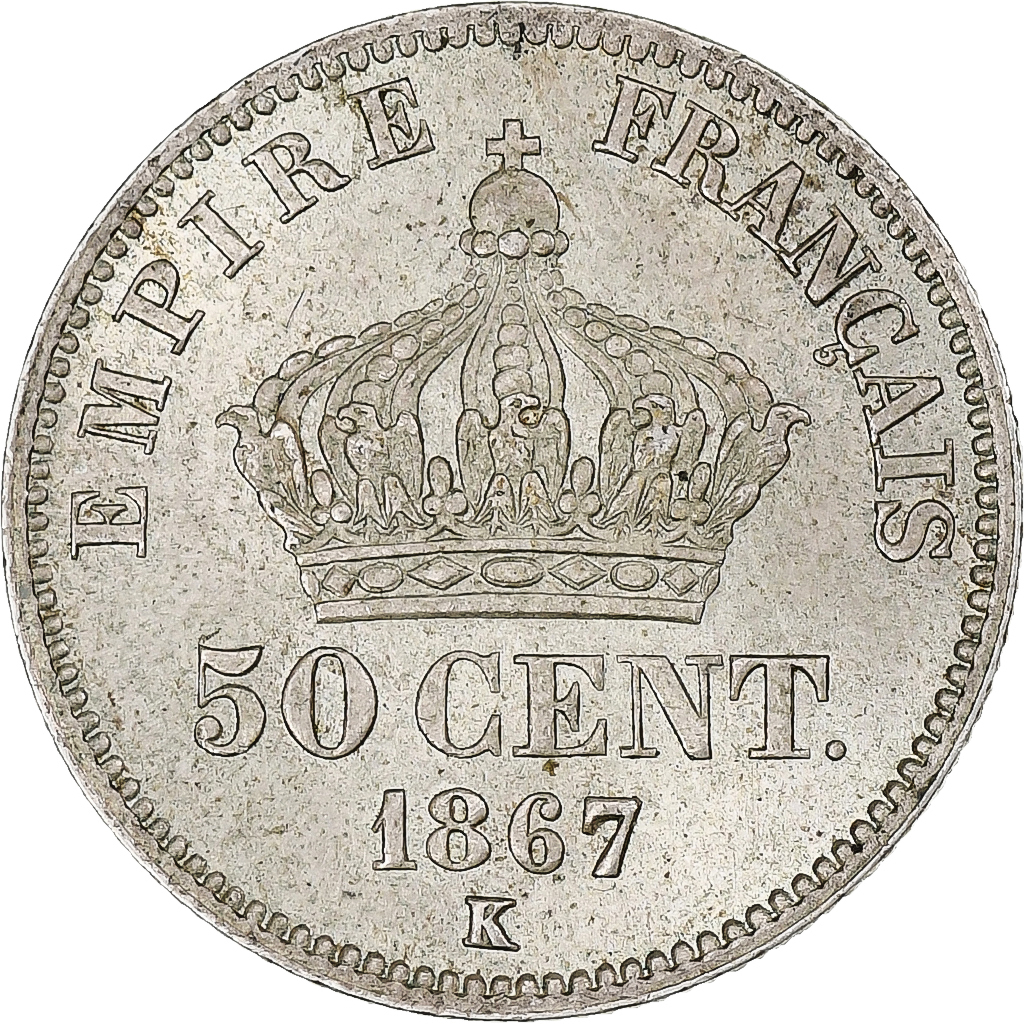 France, Napoleon III, 50 Centimes, 1867, Bordeaux, Silver, MS