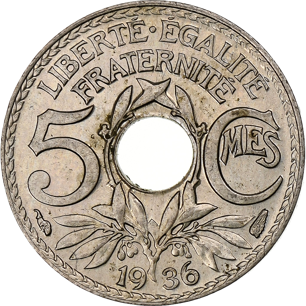 France, 5 Centimes, Lindauer, 1936, Paris, Copper-nickel, MS, Gadoury:170