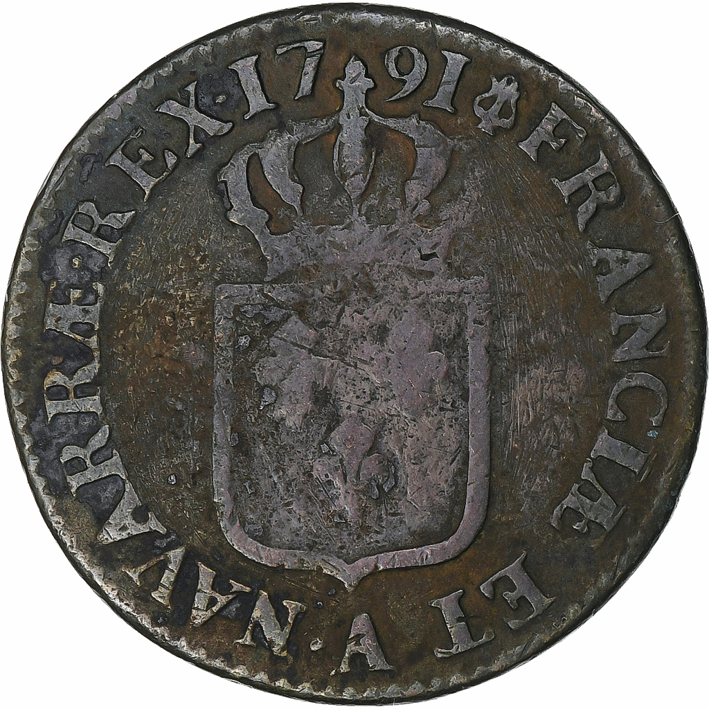 France, Louis XVI, Sol, 1791, Paris, Copper, , Gadoury:350