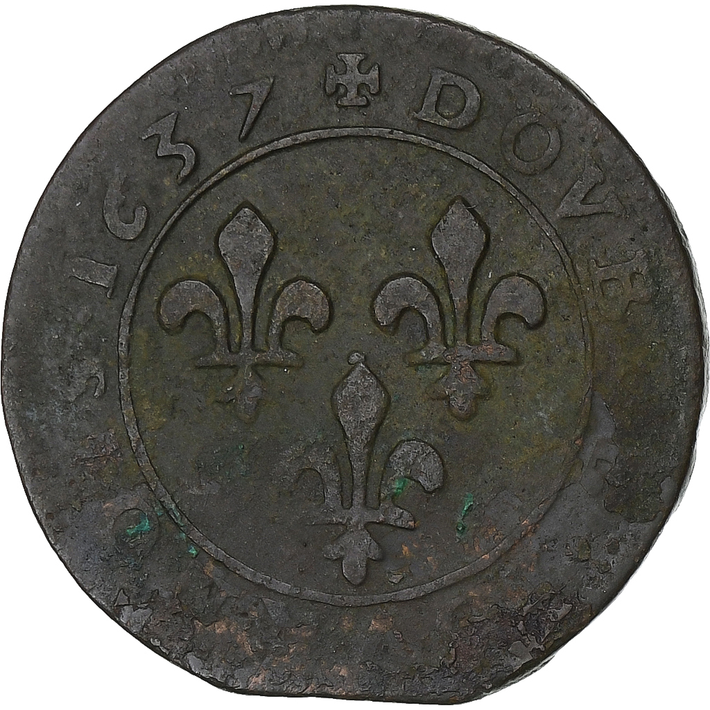 France, Louis XIII, Double Tournois, 1637, Axe Loire-Rhône, Copper, 