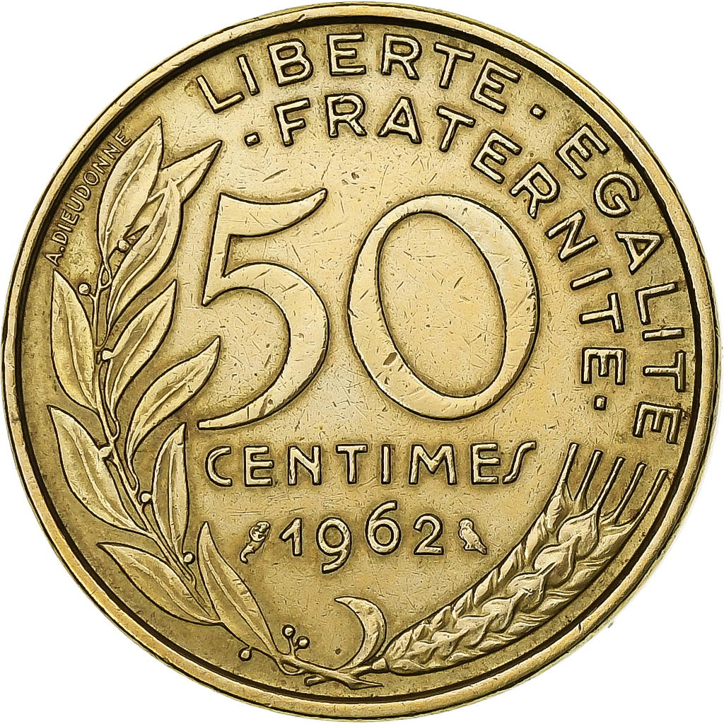France, 50 Centimes, Marianne, 1962, Paris, Col à 4 plis, Aluminum-Bronze
