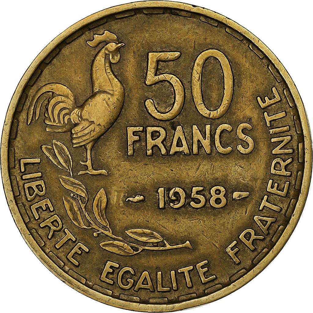 France, 50 Francs, Guiraud, 1958, Paris, Cupro-Aluminium, EF