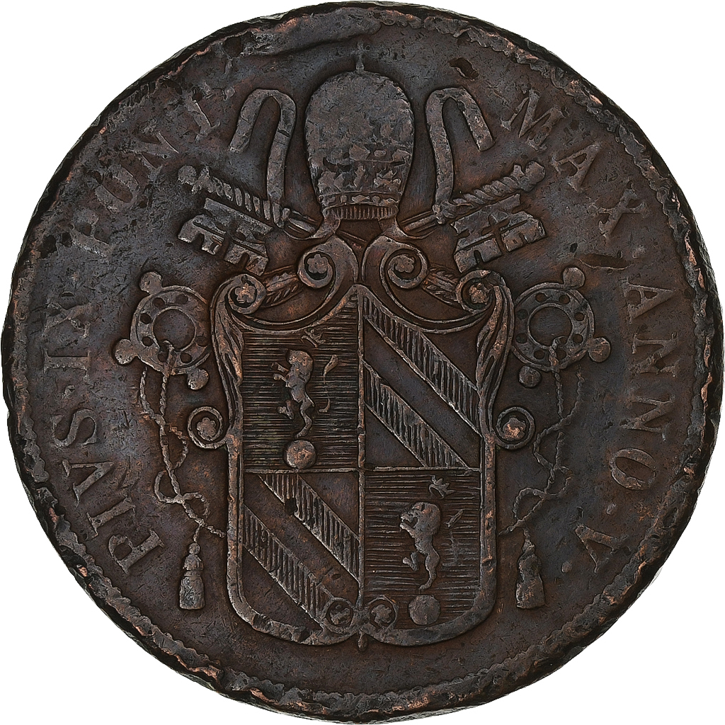 Papal States, Pius IX, 5 Baiocchi, 1851, Rome, Copper, , KM:1356