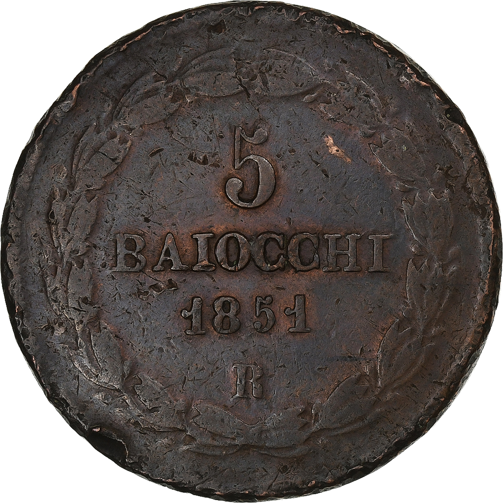 Papal States, Pius IX, 5 Baiocchi, 1851, Rome, Copper, , KM:1356