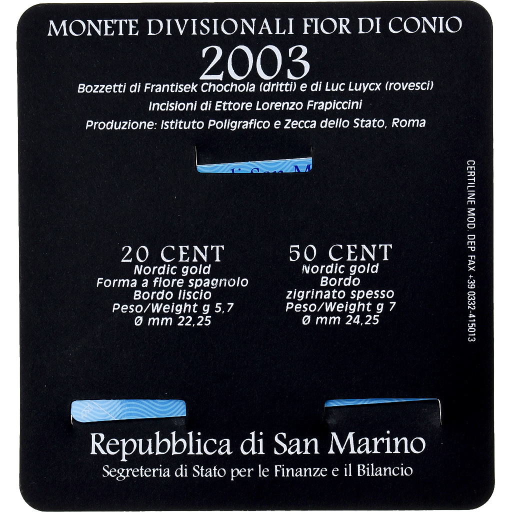 San Marino, 20c. + 50c., Coin card.FDC, 2003, Rome, Nordic gold, STGL