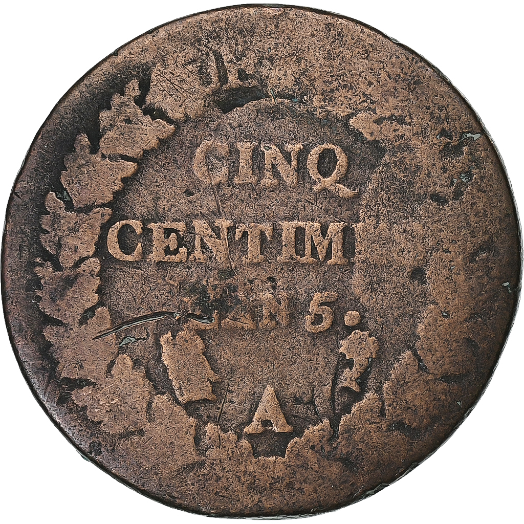 France, 5 Centimes, Dupré, AN 5, Paris, Surfrappe du Décime, Copper, 