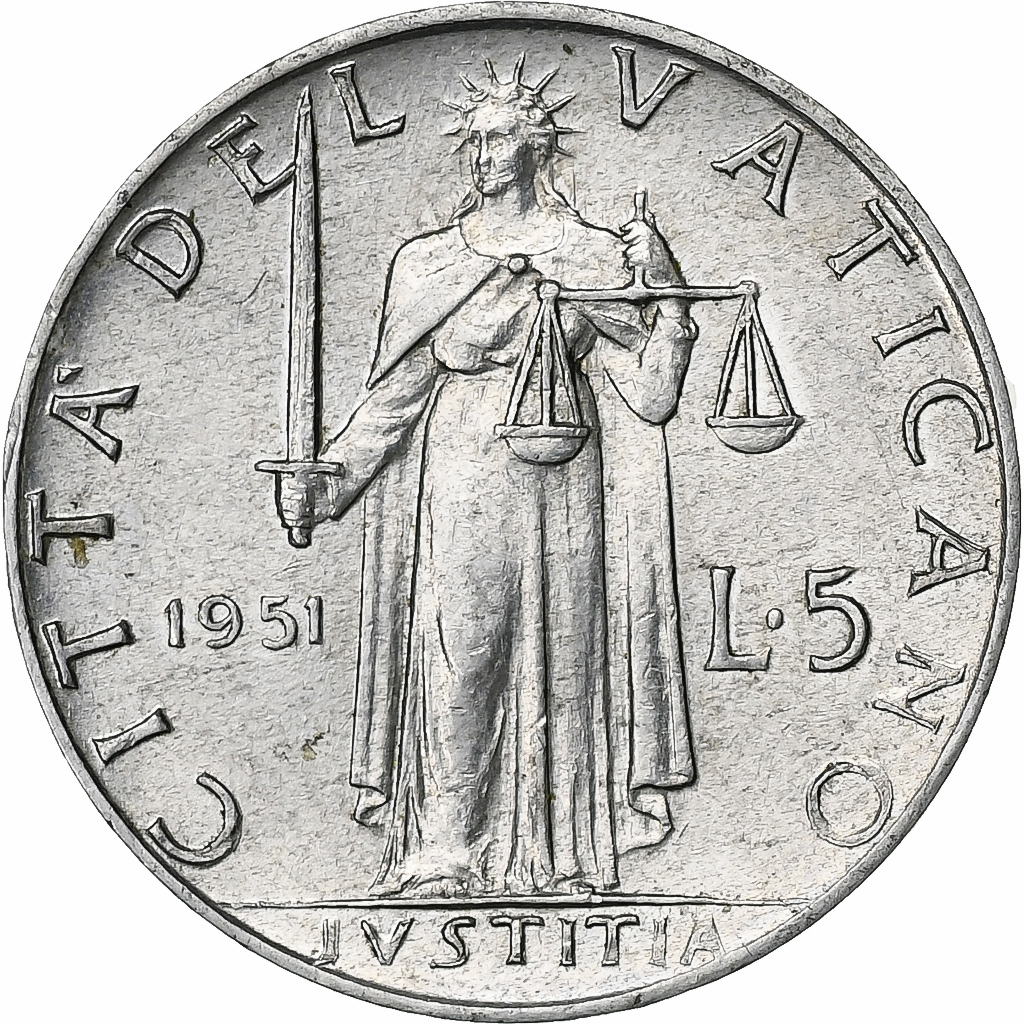 Vatican, Pius XII, 5 Lire, 1951, Rome, Aluminum, 