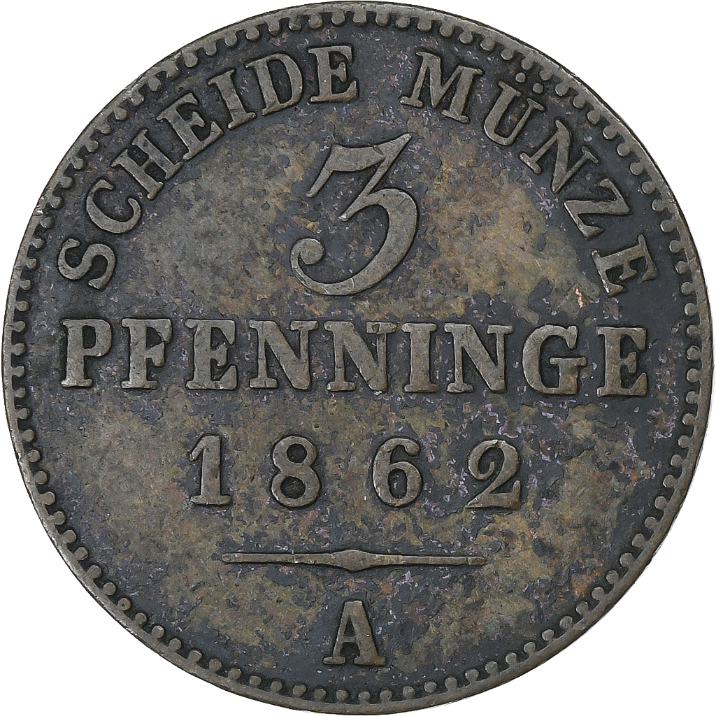 Kingdom of Prussia, Wilhelm I, 3 Pfennig, 1862, Berlin, Copper, 