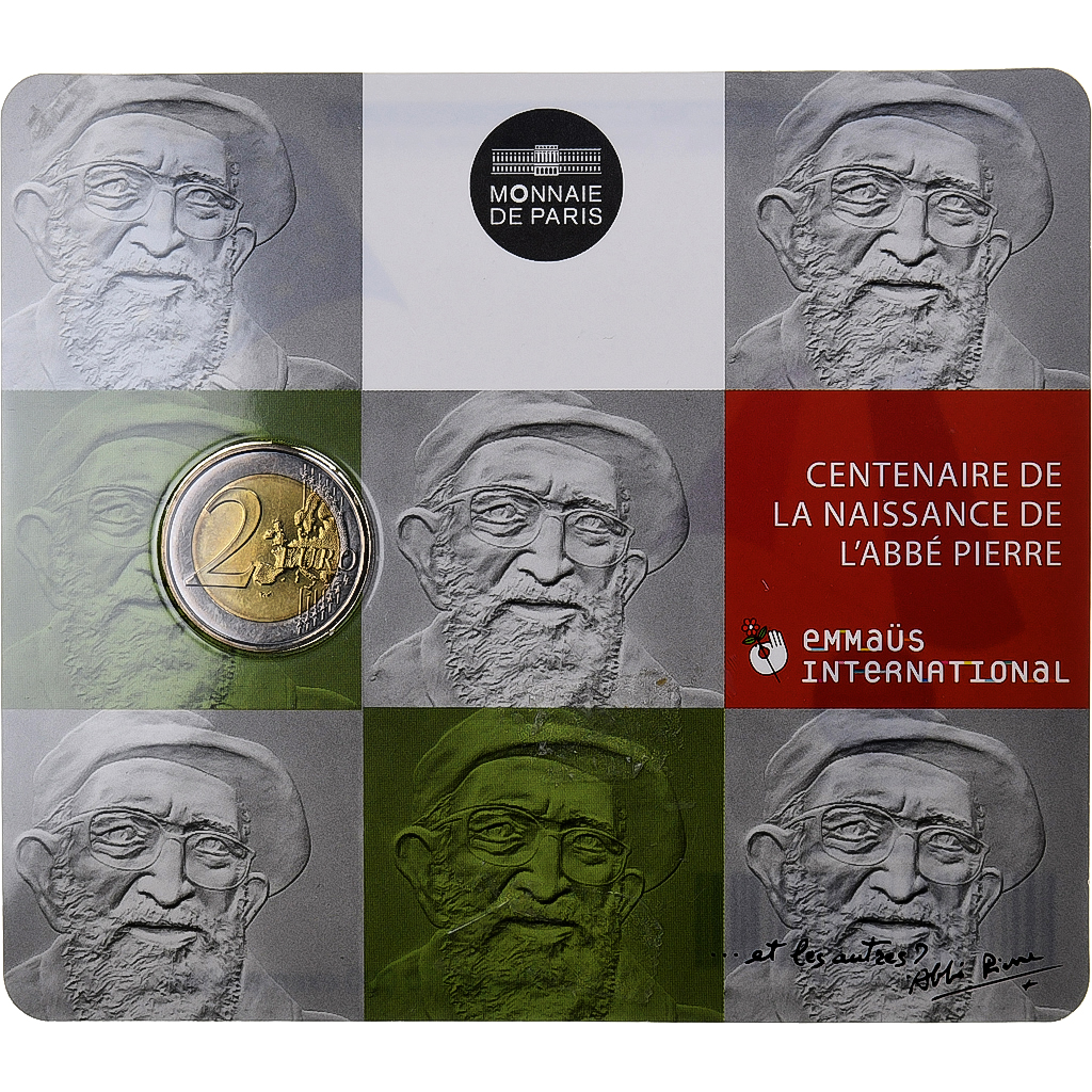 France, 2 Euro, Birth of Abbé Pierre, Coin card, 2012, MDP, Bi-Metallic