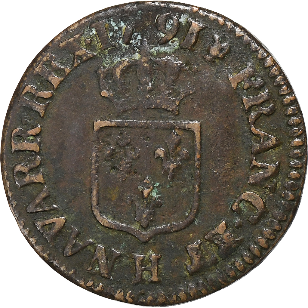 France, Louis XVI, Liard, 1791, La Rochelle, Copper, , Gadoury:348