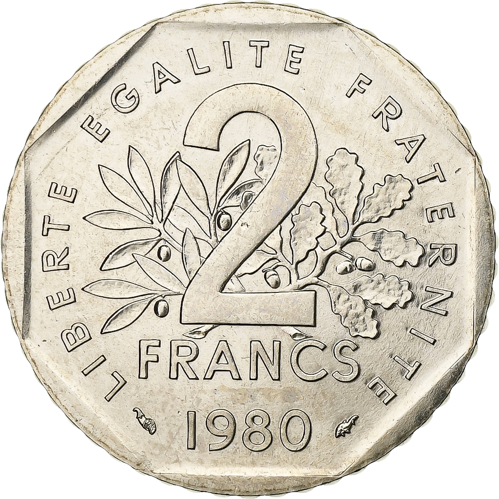 France, 2 Francs, Semeuse, 1980, Paris, série FDC, Nickel, 