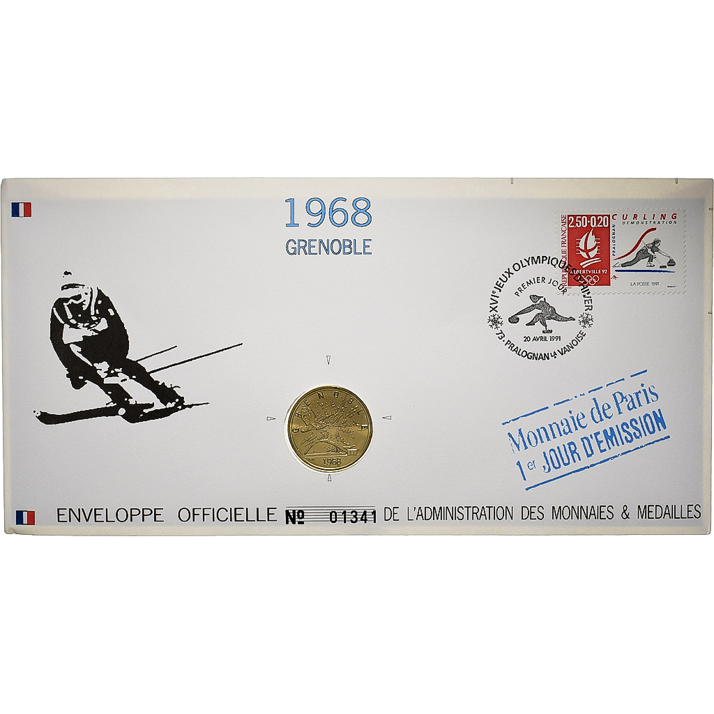 France, Medal + stamp, XVIème JO d'Albertville, Grenoble, 1991, Copper-nickel